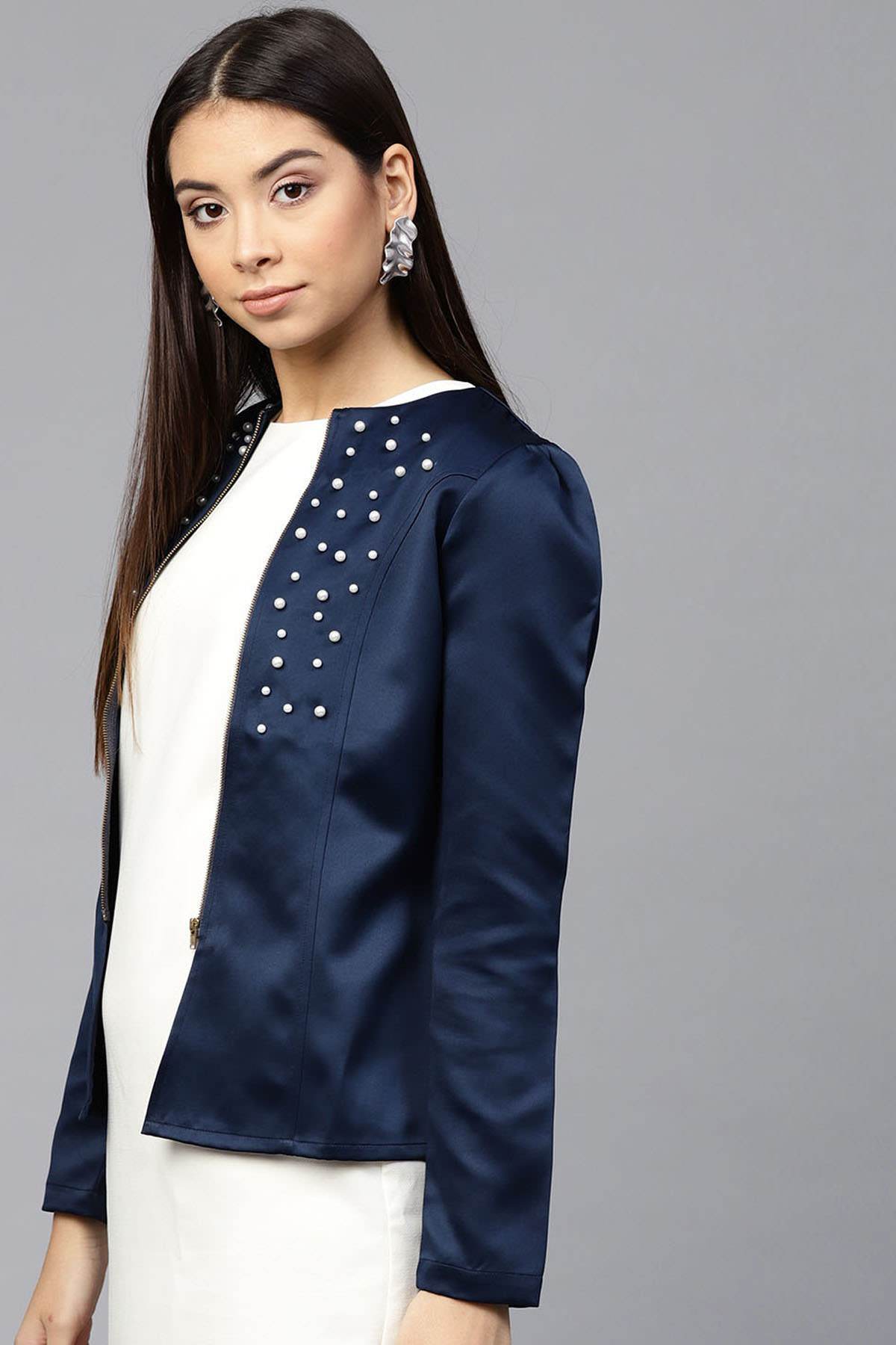 Women's Navy Pearl Studded Jacket - SASSAFRAS