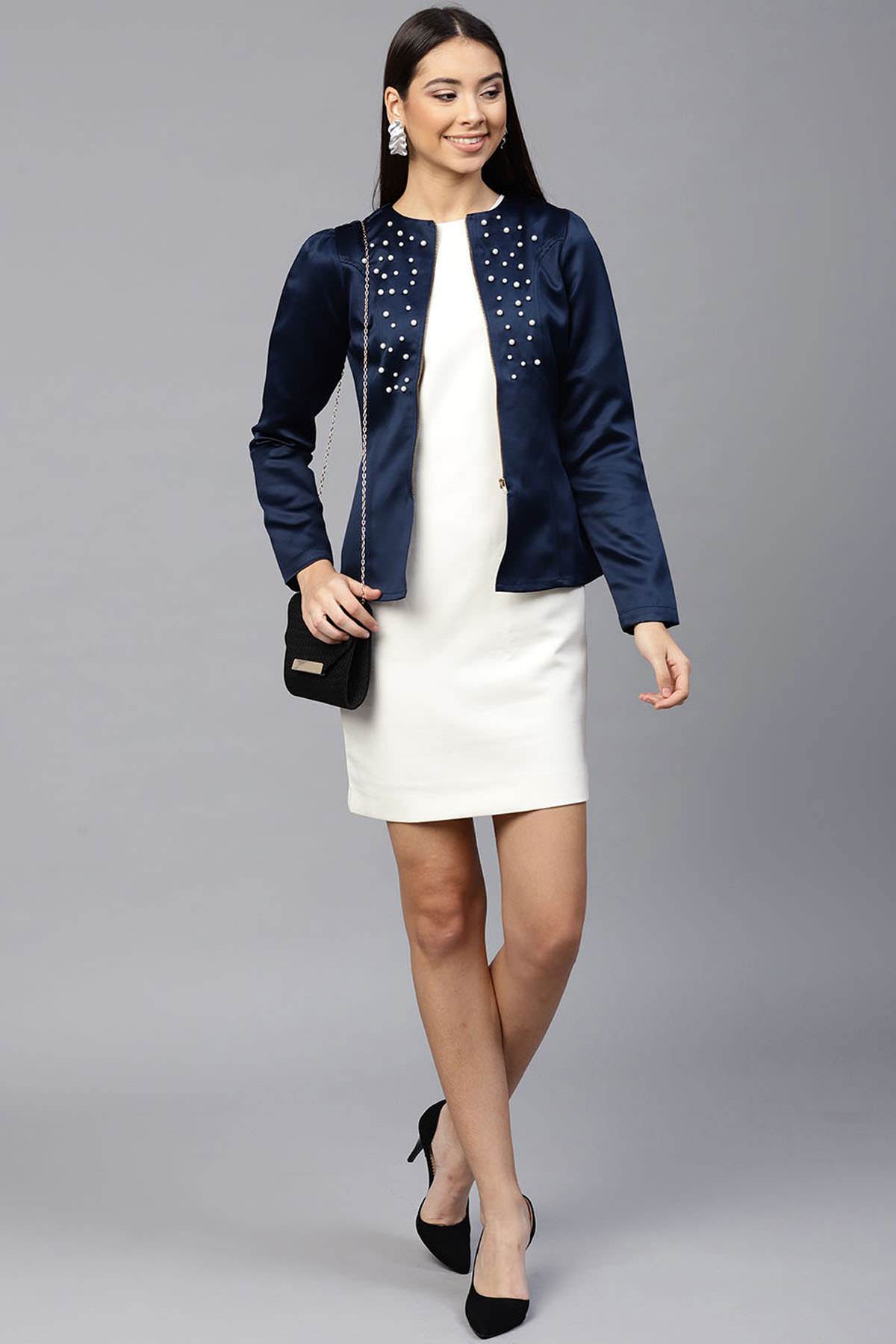 Women's Navy Pearl Studded Jacket - SASSAFRAS