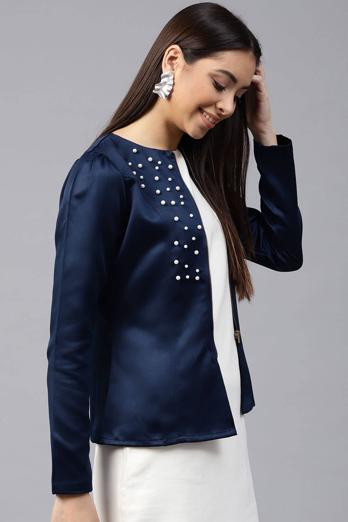 Women's Navy Pearl Studded Jacket - SASSAFRAS