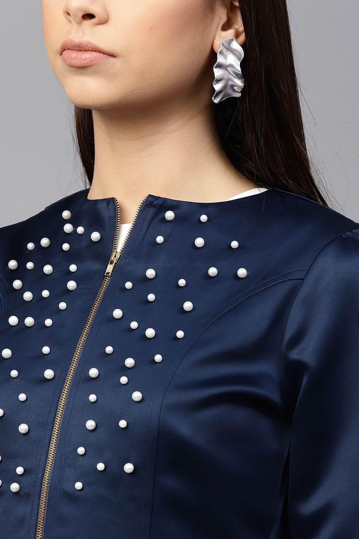 Women's Navy Pearl Studded Jacket - SASSAFRAS