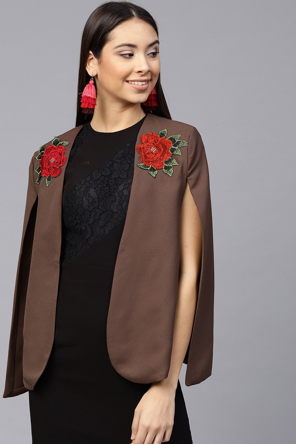 Women's Brown Flower Applique Cape - SASSAFRAS