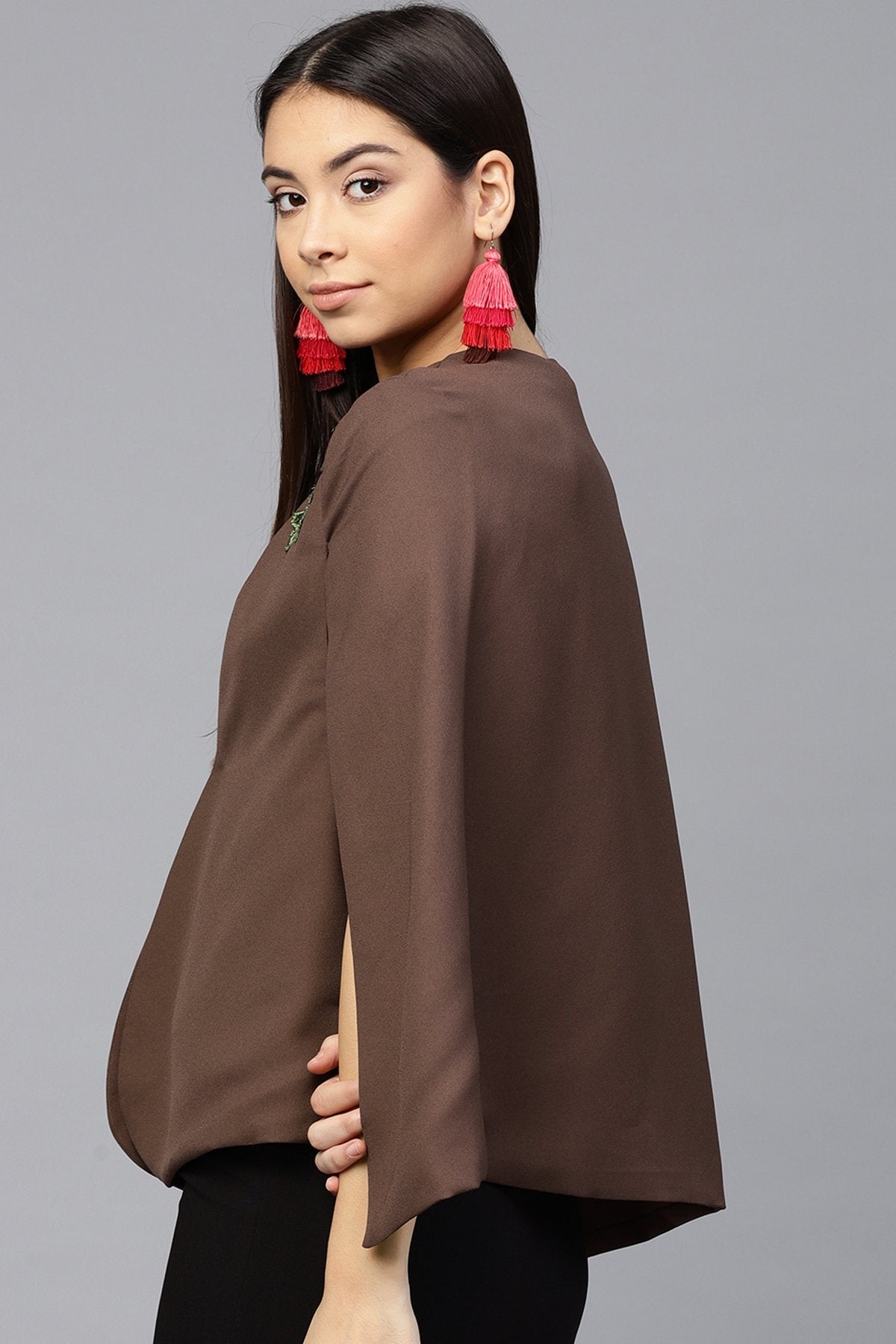 Women's Brown Flower Applique Cape - SASSAFRAS