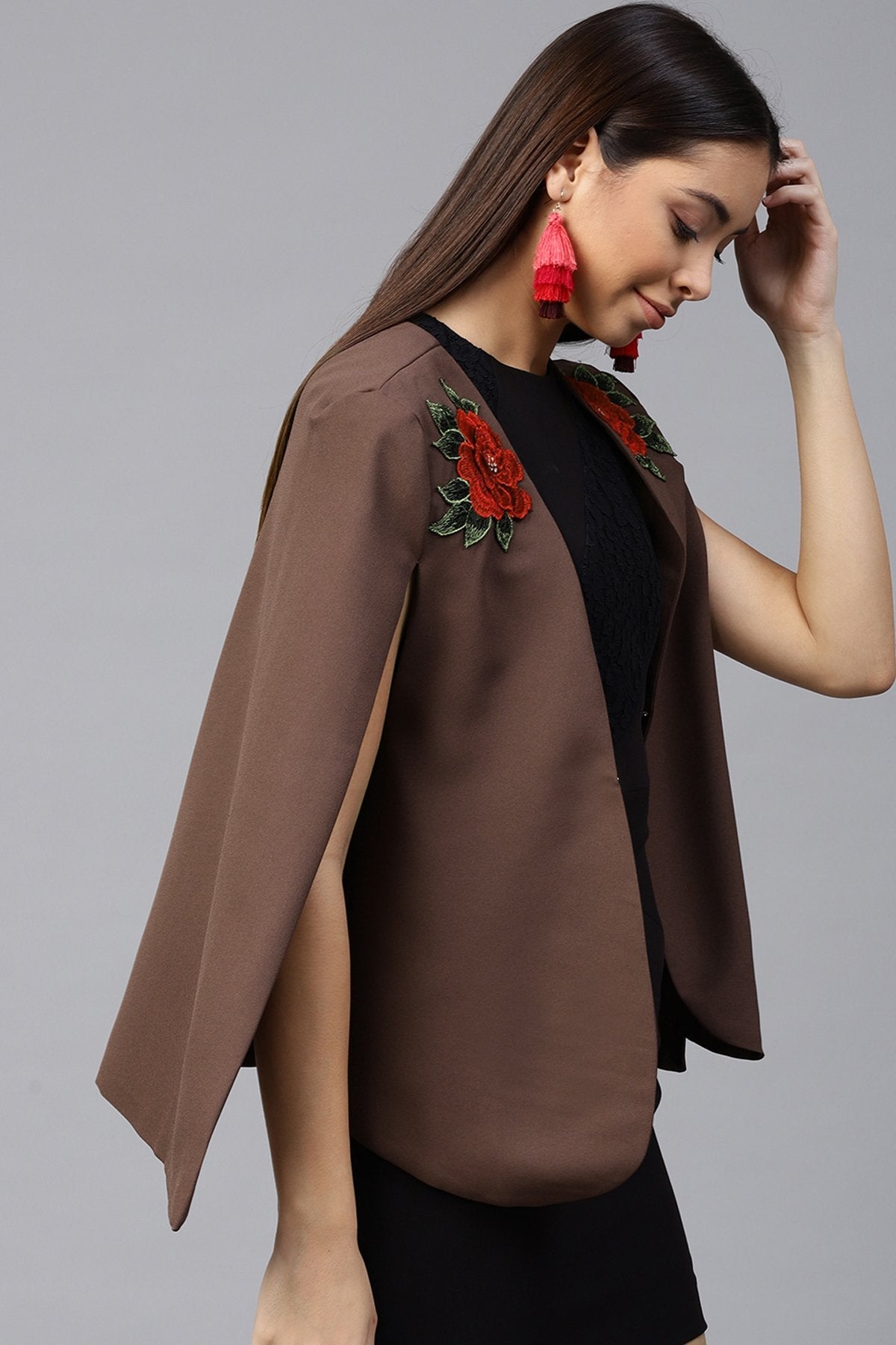 Women's Brown Flower Applique Cape - SASSAFRAS