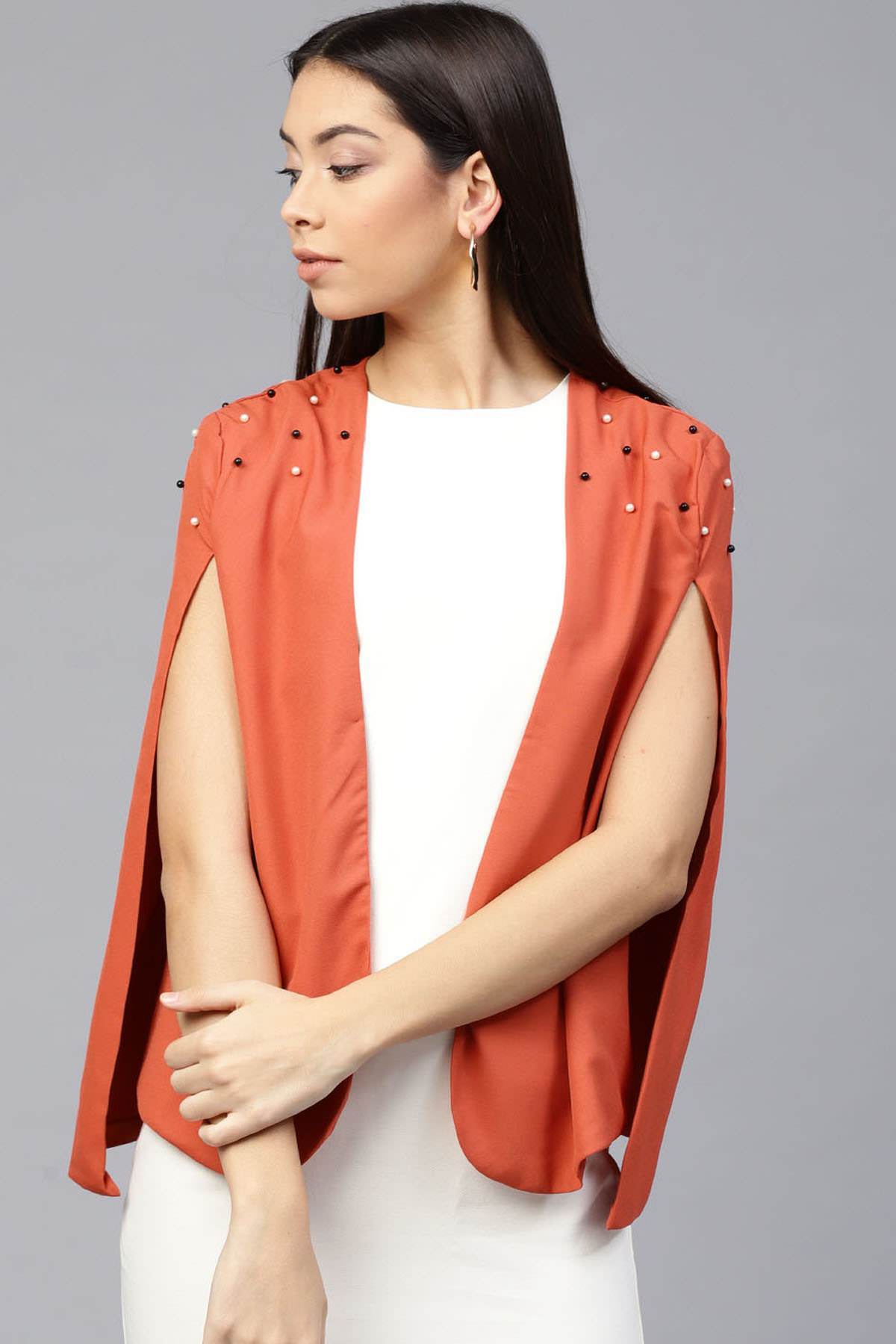 Women's Rust Pearl Embellished Cape - SASSAFRAS