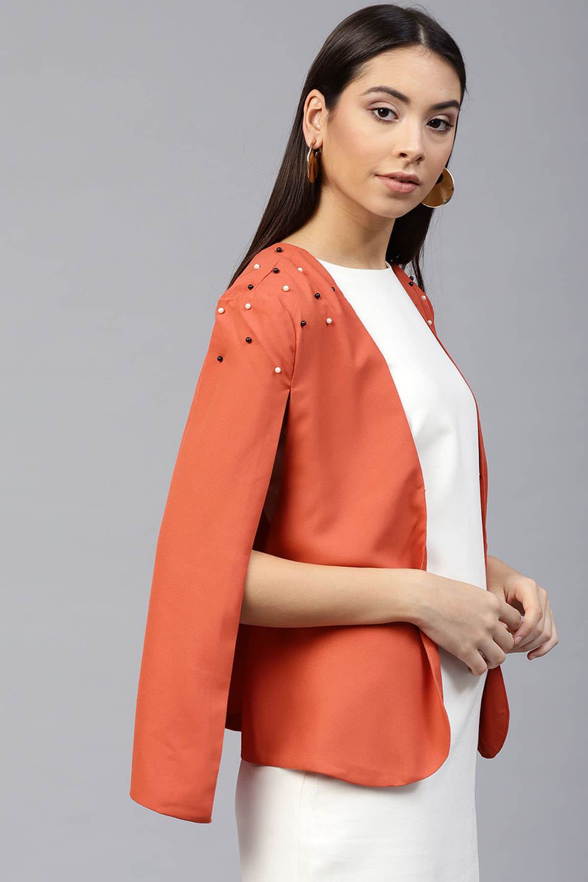 Women's Rust Pearl Embellished Cape - SASSAFRAS