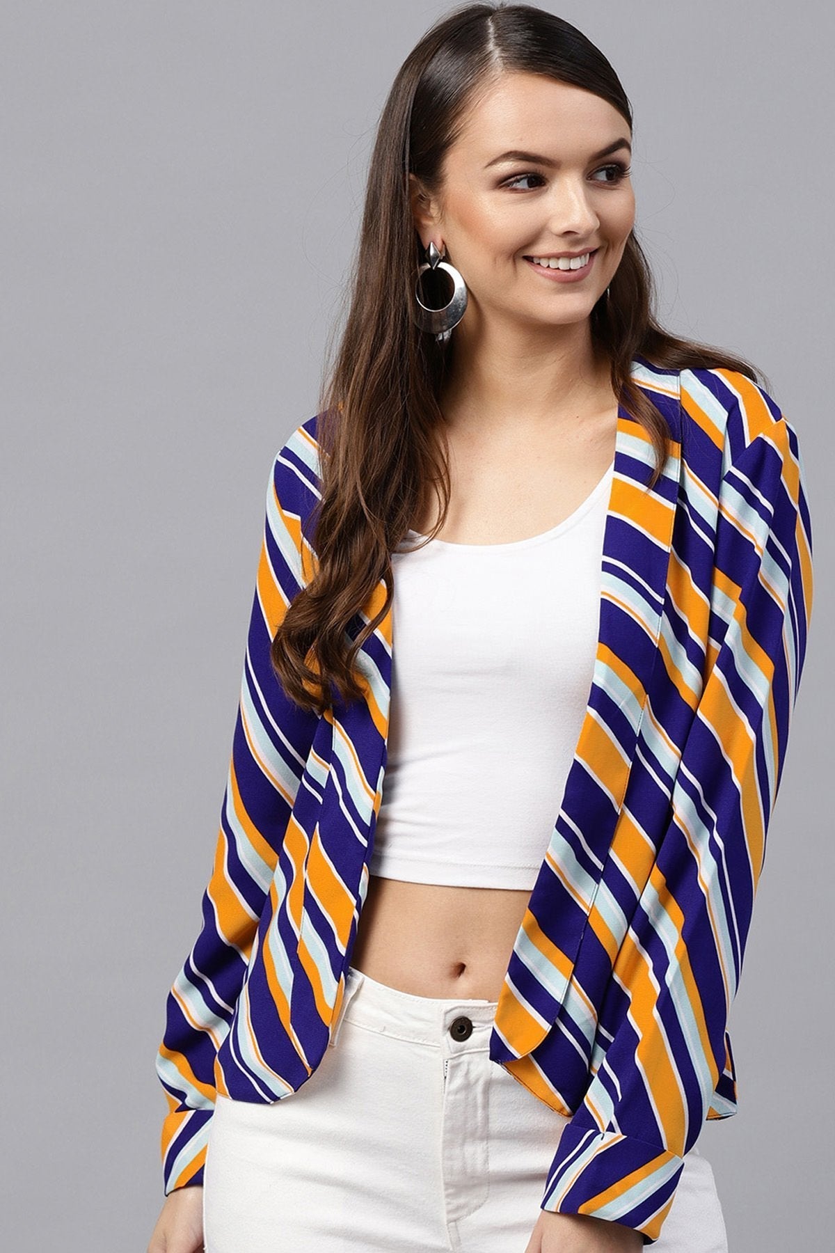 Women's Blue & Yellow Stripe Front Open Blazer - SASSAFRAS