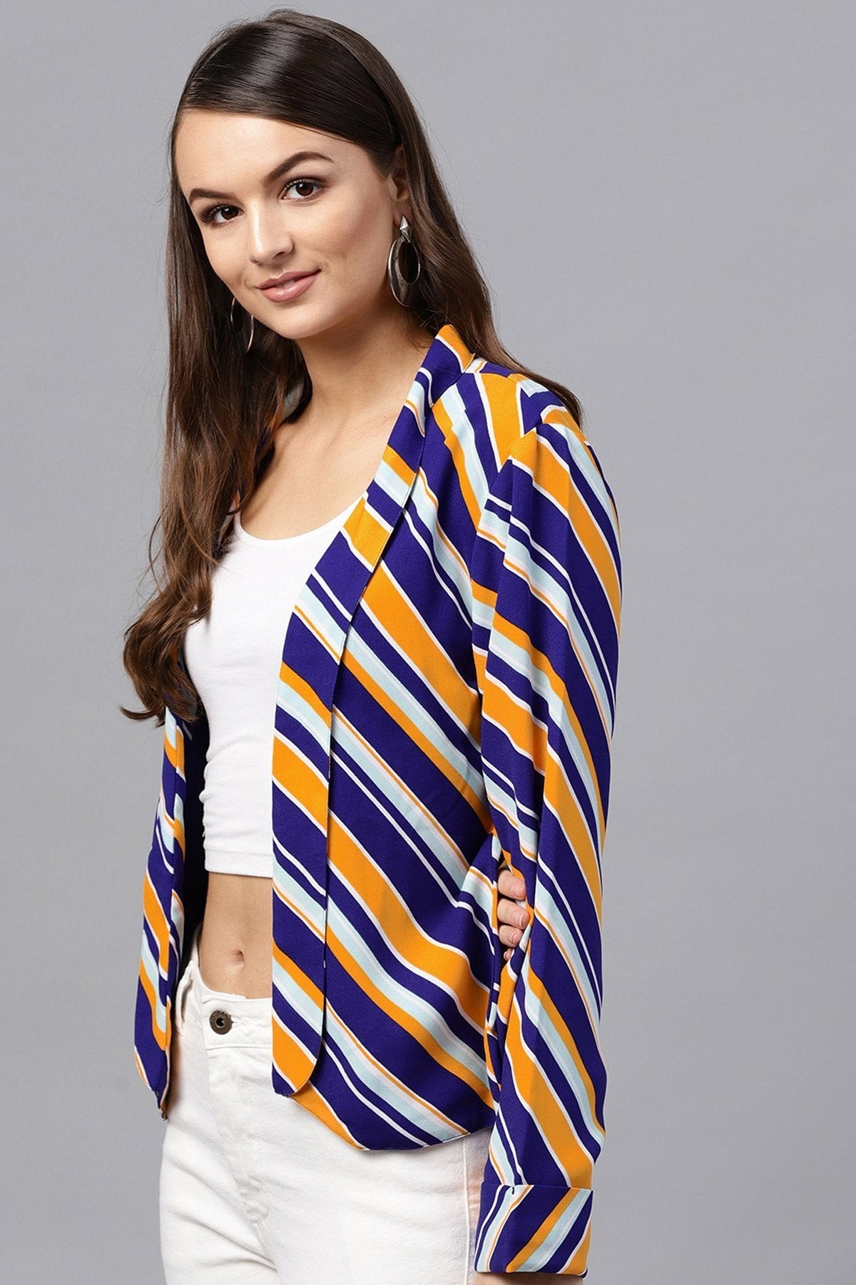 Women's Blue & Yellow Stripe Front Open Blazer - SASSAFRAS