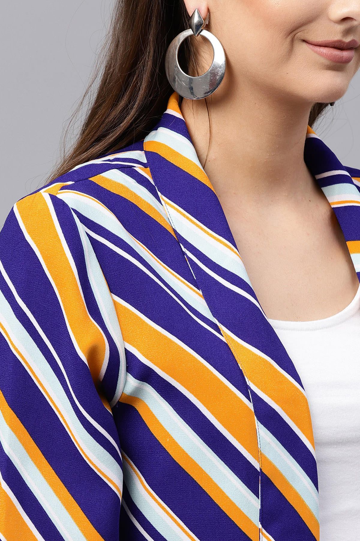 Women's Blue & Yellow Stripe Front Open Blazer - SASSAFRAS