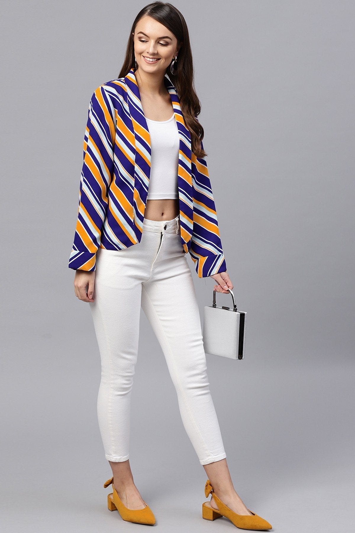 Women's Blue & Yellow Stripe Front Open Blazer - SASSAFRAS