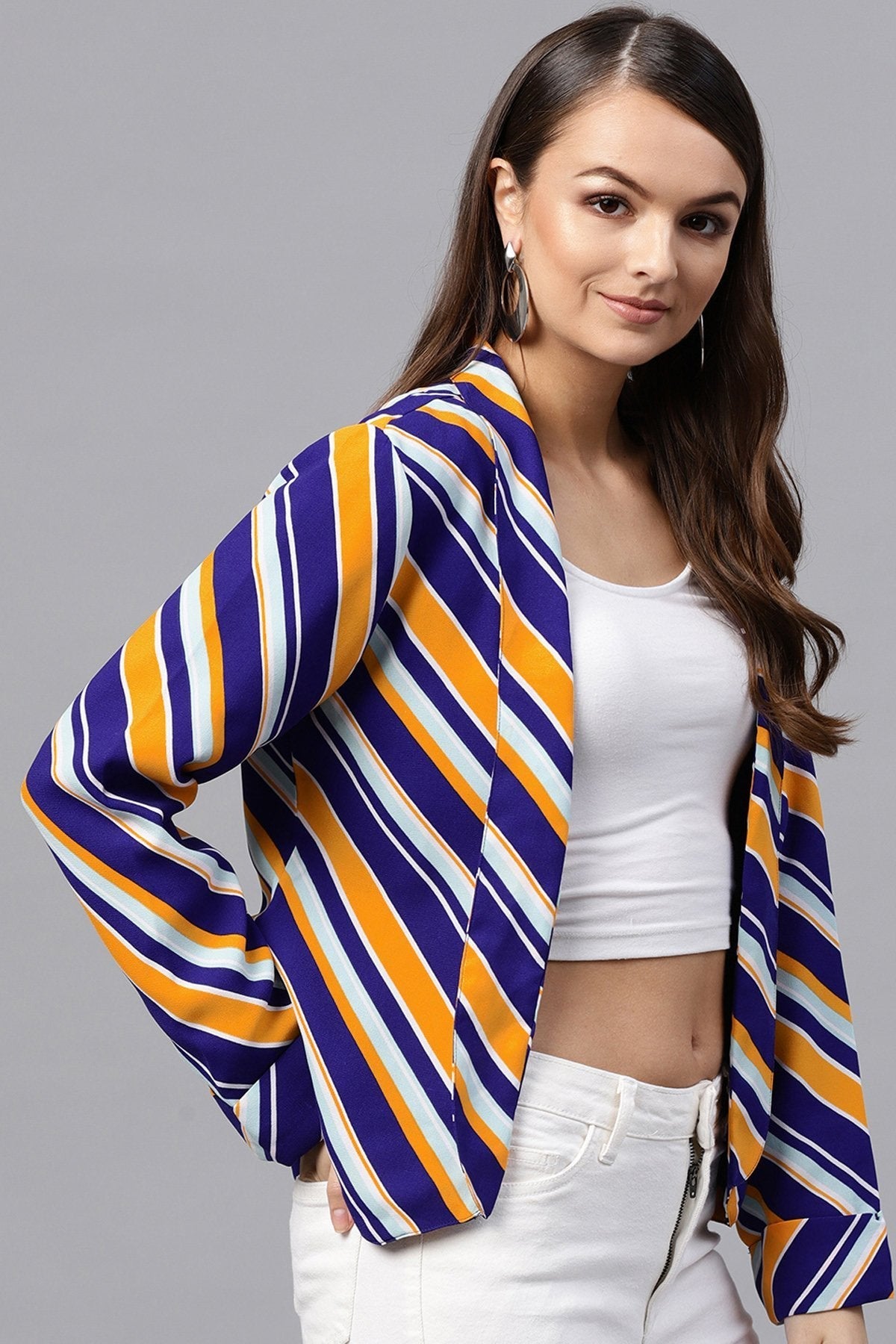 Women's Blue & Yellow Stripe Front Open Blazer - SASSAFRAS