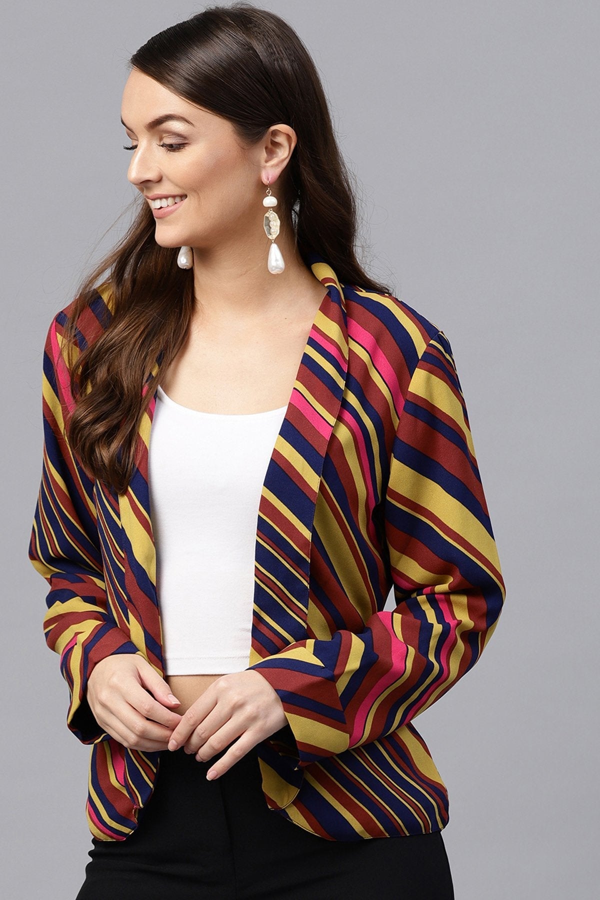 Women's Pink & Olive Stripe Front Open Blazer - SASSAFRAS