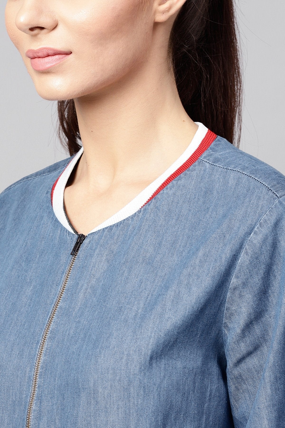 Women's Blue Denim Striped Rib Bomber Jacket - SASSAFRAS