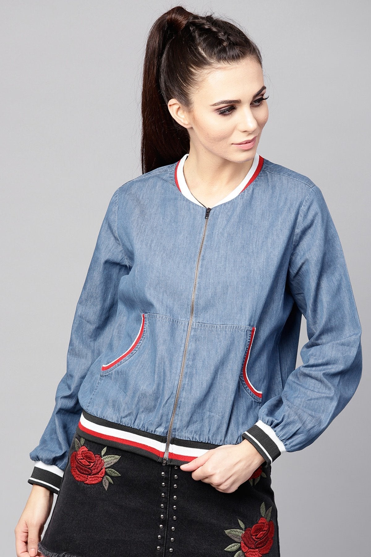 Women's Blue Denim Striped Rib Bomber Jacket - SASSAFRAS