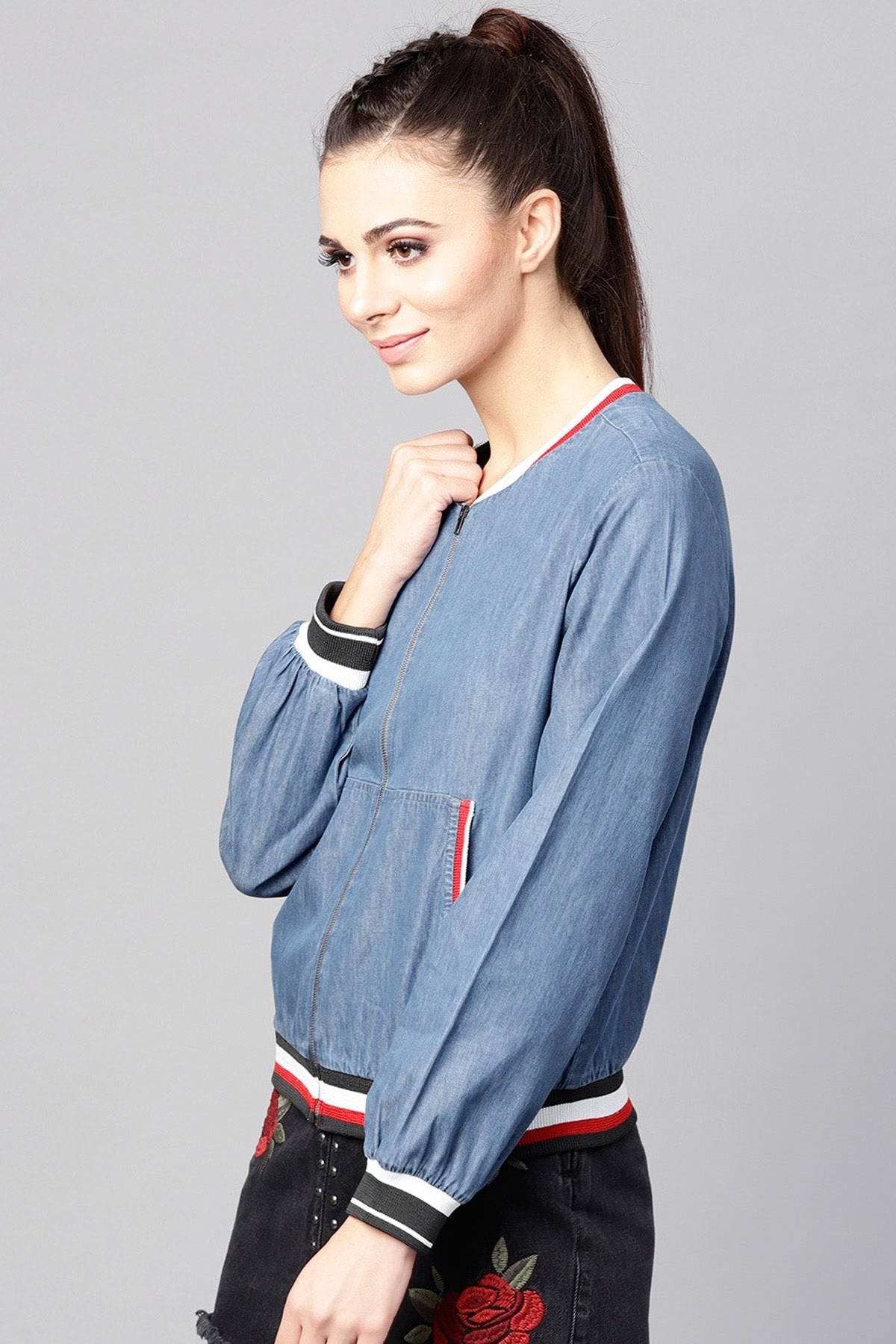 Women's Blue Denim Striped Rib Bomber Jacket - SASSAFRAS