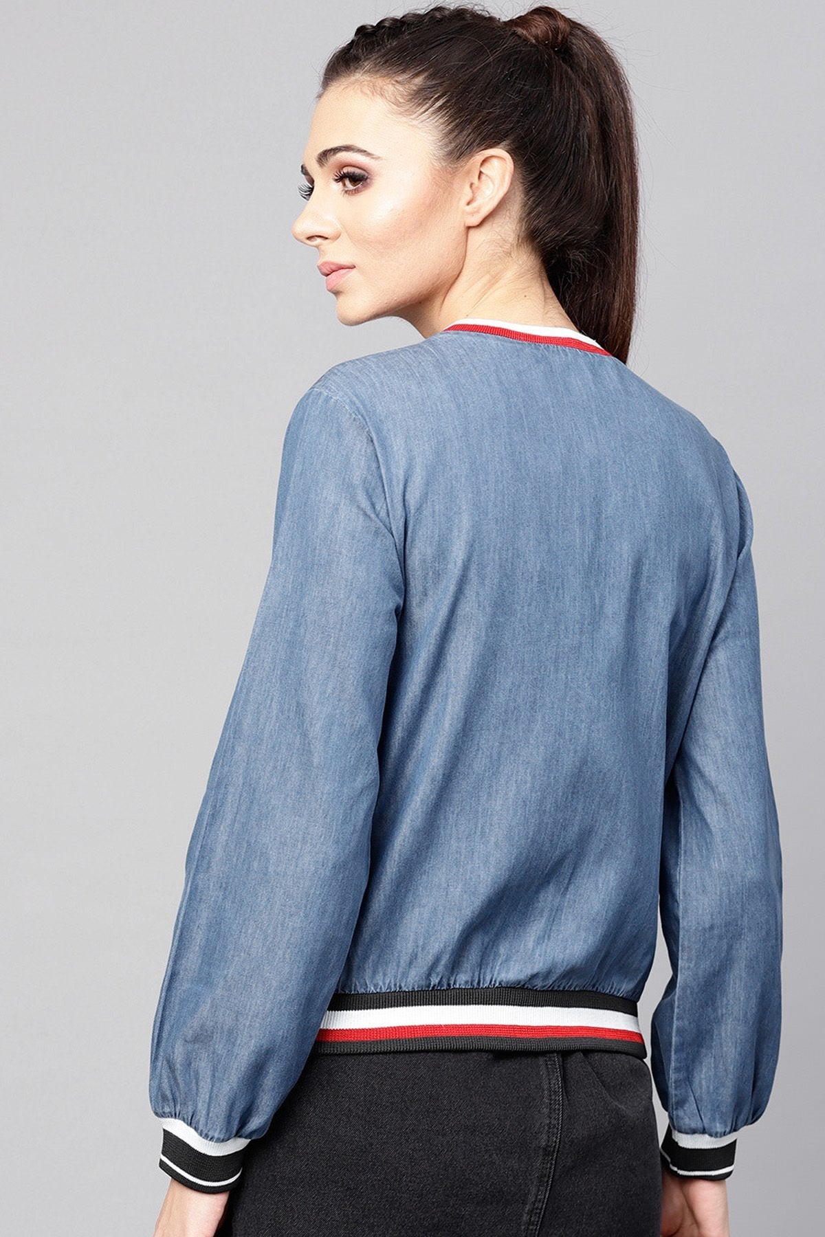 Women's Blue Denim Striped Rib Bomber Jacket - SASSAFRAS