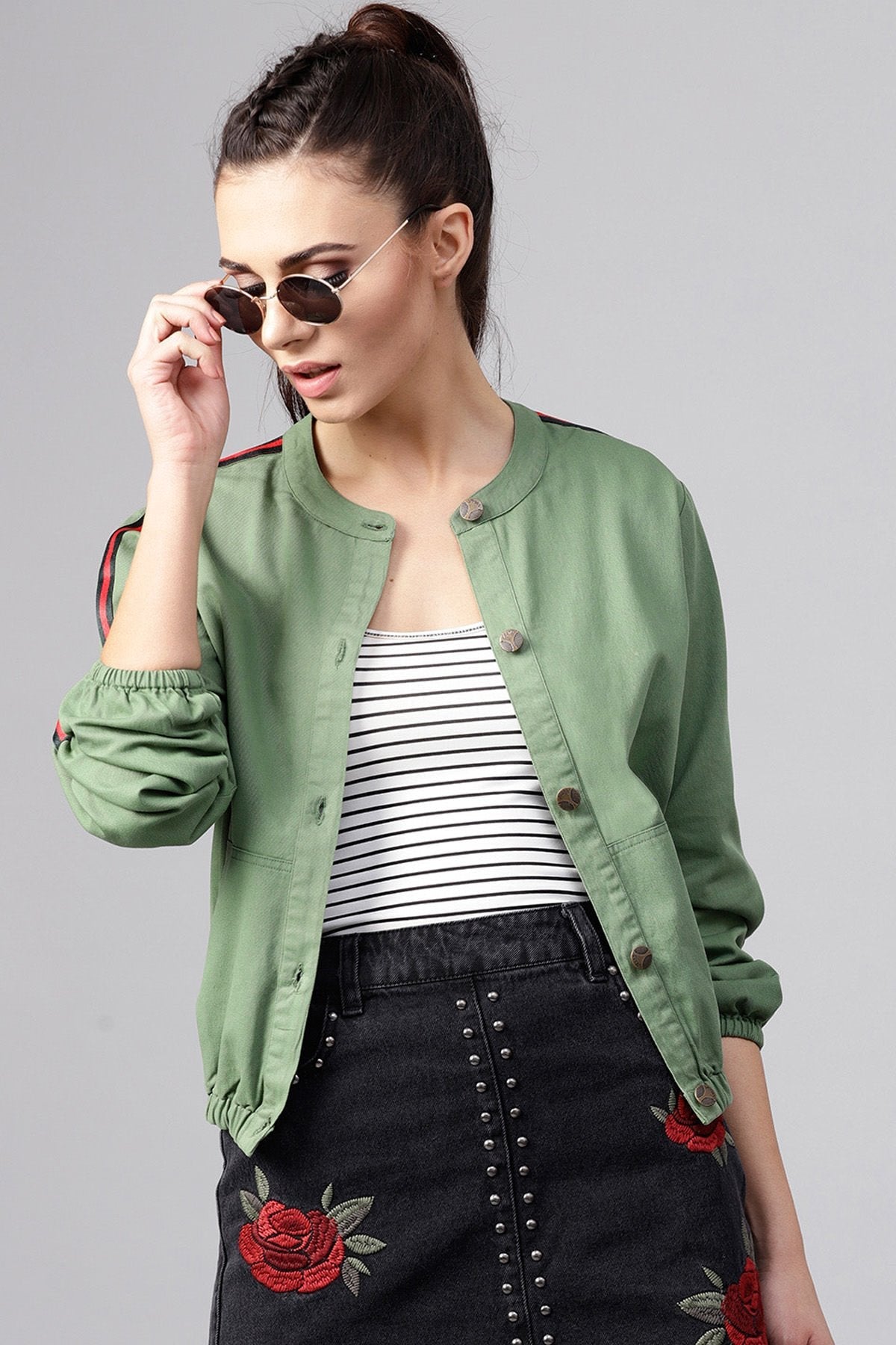 Women's Olive Denim Bomber Sleeve Tape Jacket - SASSAFRAS