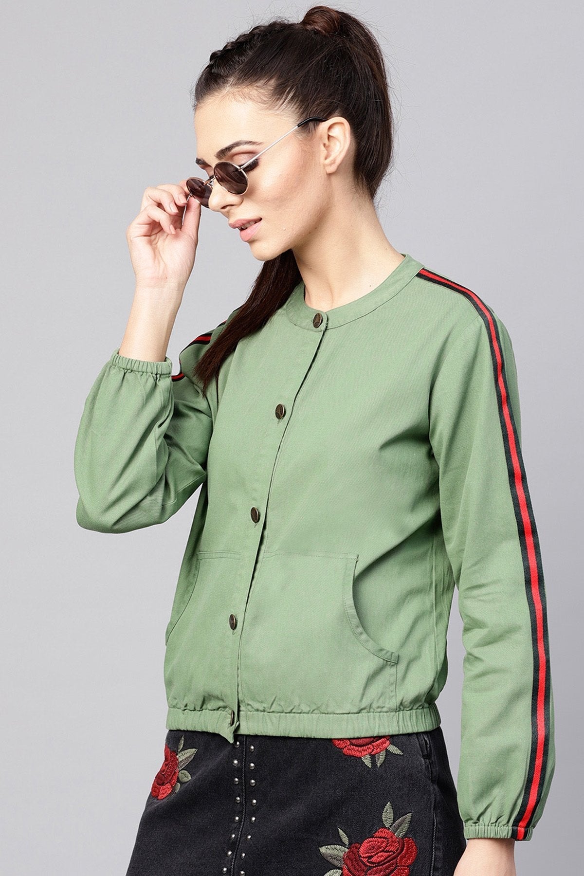 Women's Olive Denim Bomber Sleeve Tape Jacket - SASSAFRAS