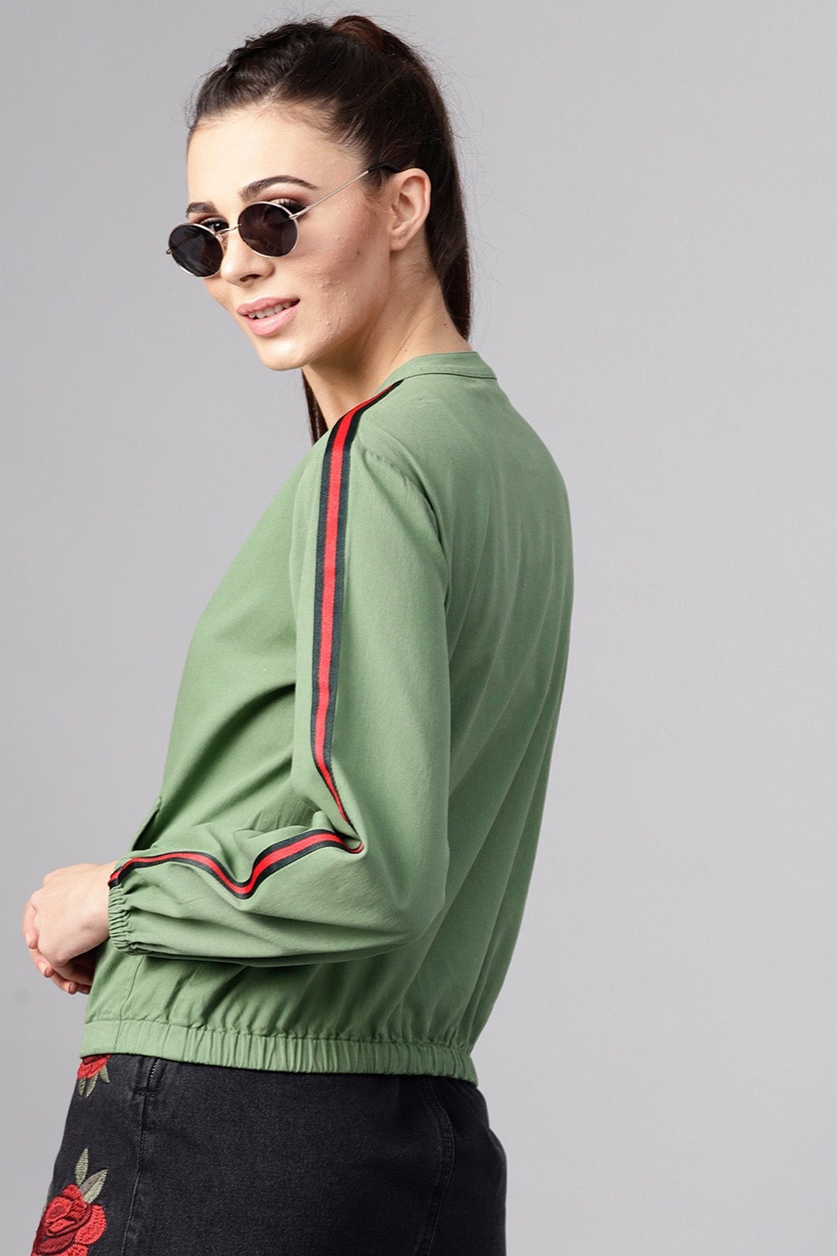 Women's Olive Denim Bomber Sleeve Tape Jacket - SASSAFRAS