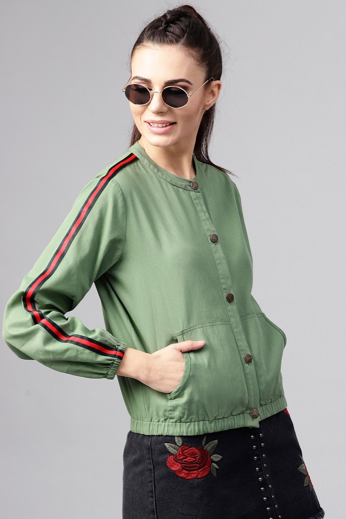 Women's Olive Denim Bomber Sleeve Tape Jacket - SASSAFRAS