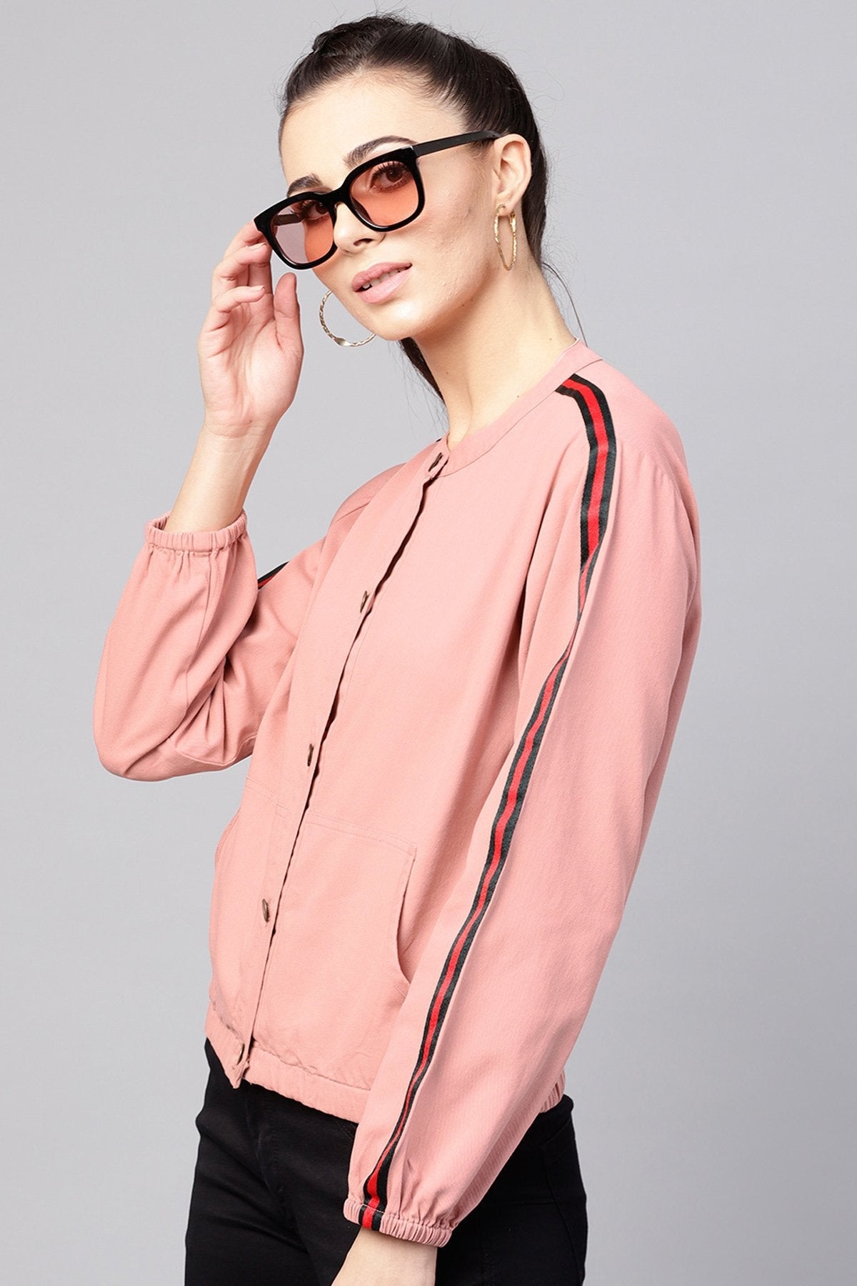 Women's Pink Denim Bomber Sleeve Tape Jacket - SASSAFRAS