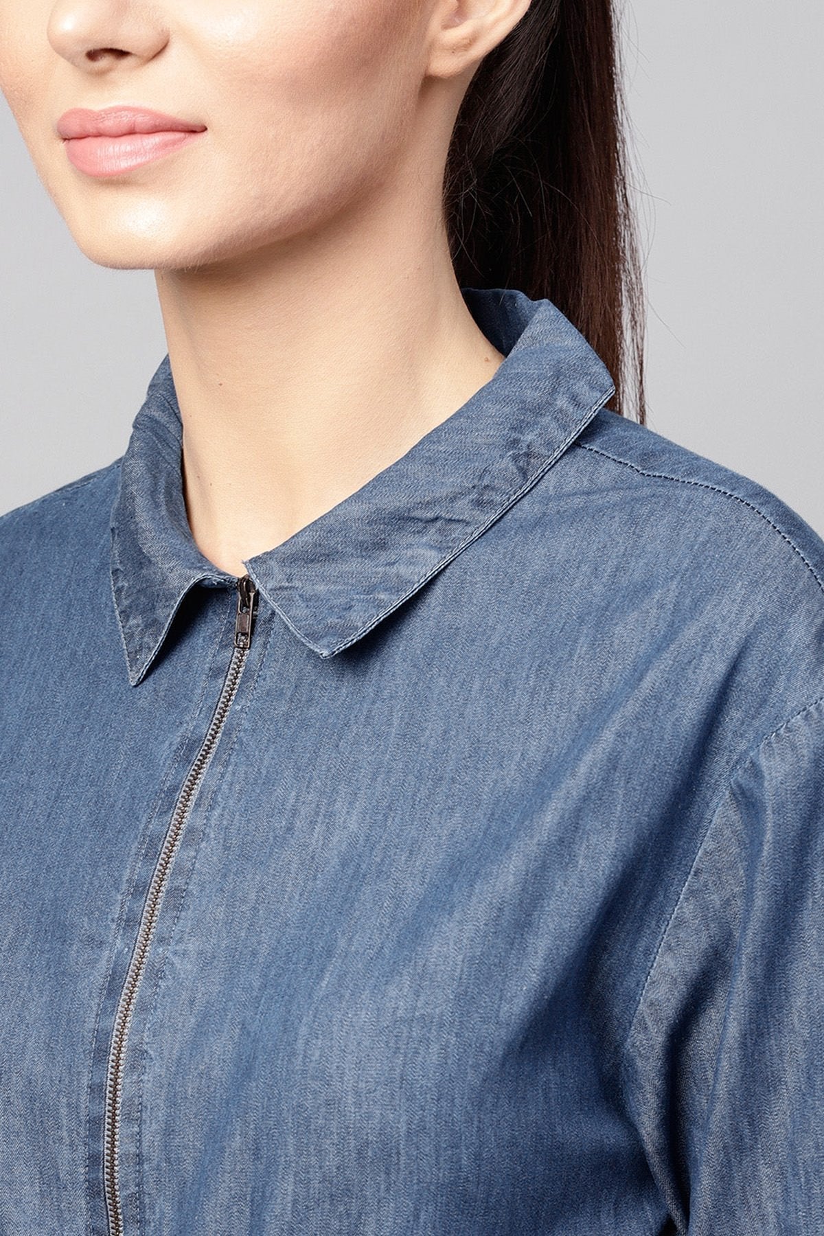 Women's Blue Denim Cinched Waist Zipper Jacket - SASSAFRAS