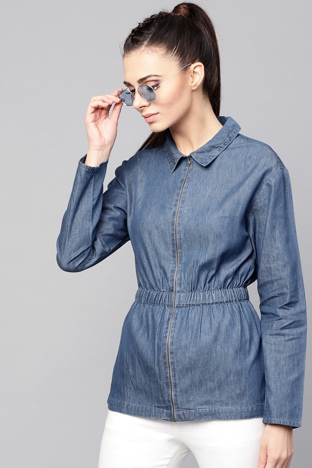 Women's Blue Denim Cinched Waist Zipper Jacket - SASSAFRAS