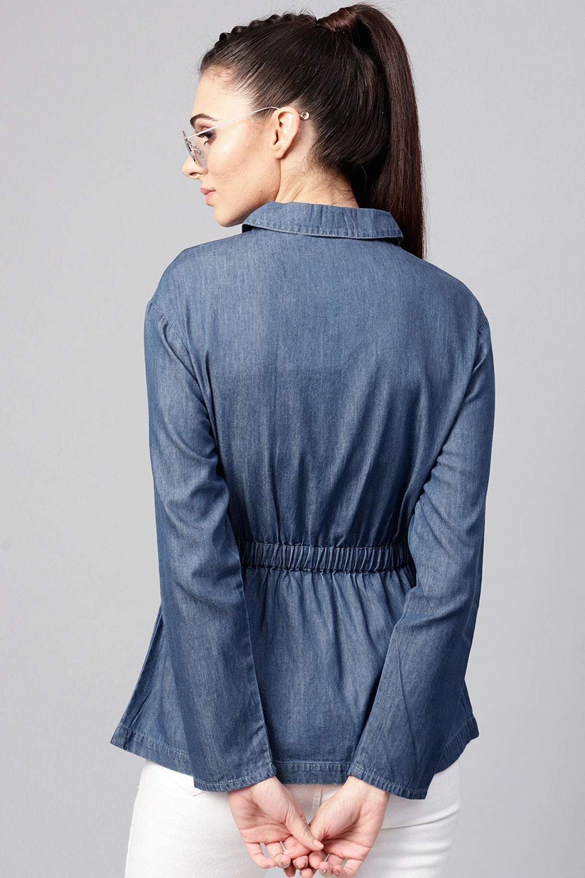 Women's Blue Denim Cinched Waist Zipper Jacket - SASSAFRAS