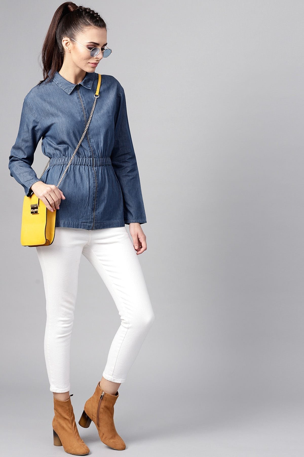 Women's Blue Denim Cinched Waist Zipper Jacket - SASSAFRAS