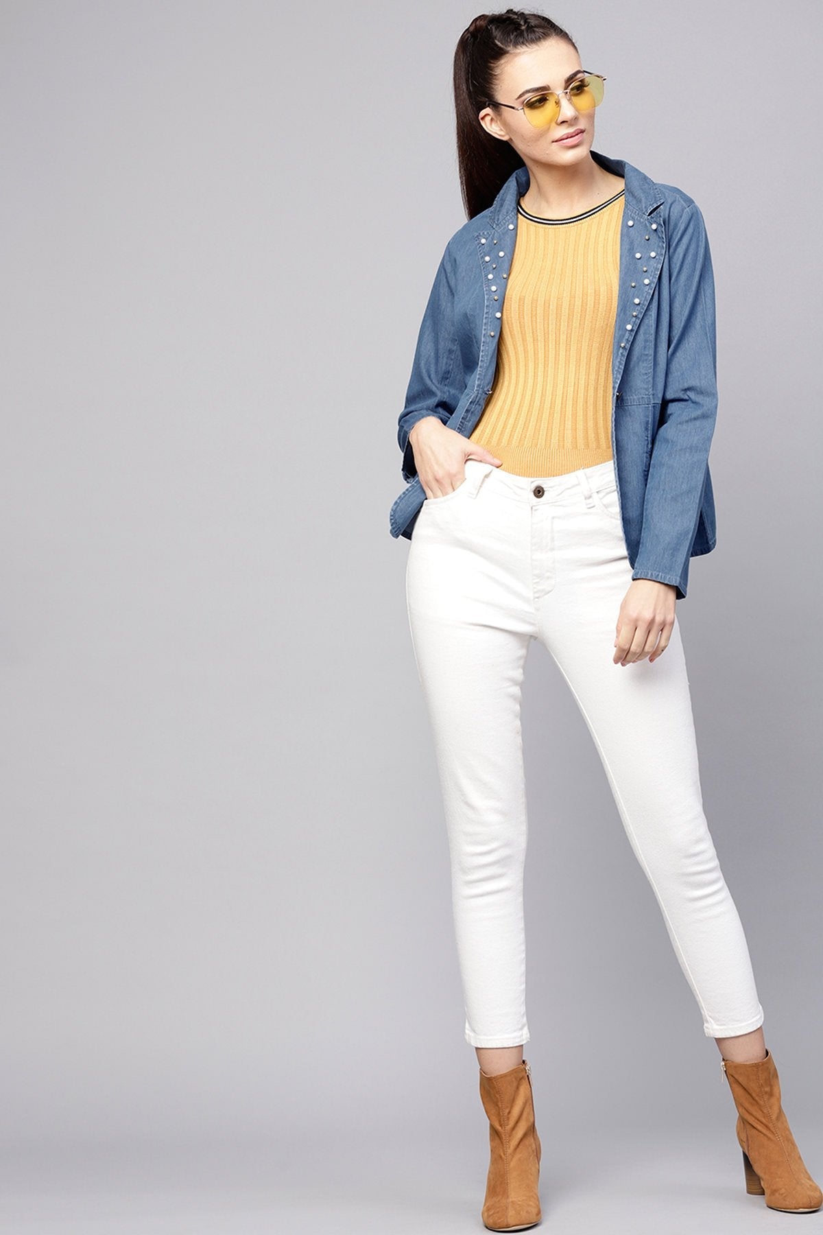 Women's Blue Denim Pearl Collar Jacket - SASSAFRAS