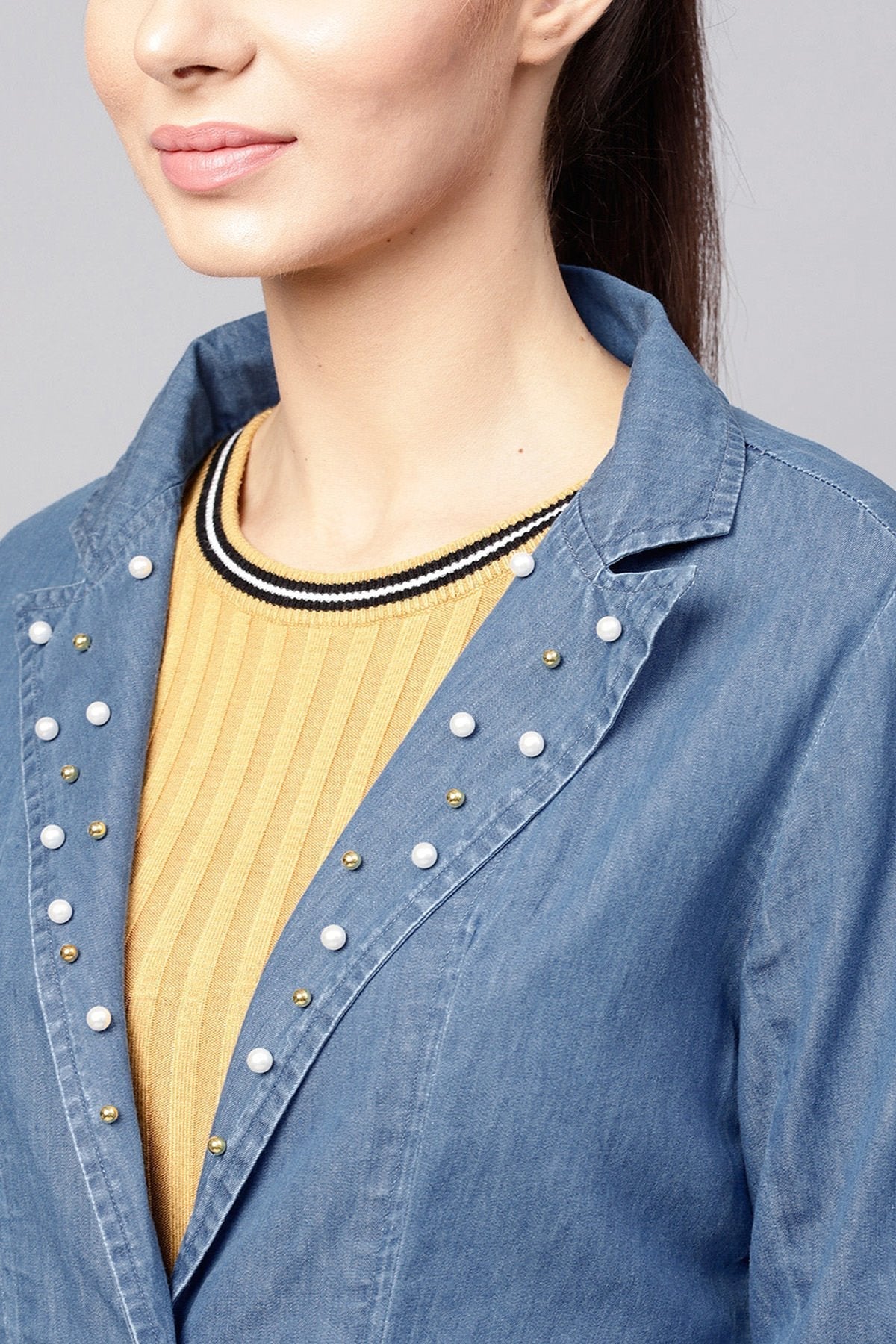 Women's Blue Denim Pearl Collar Jacket - SASSAFRAS