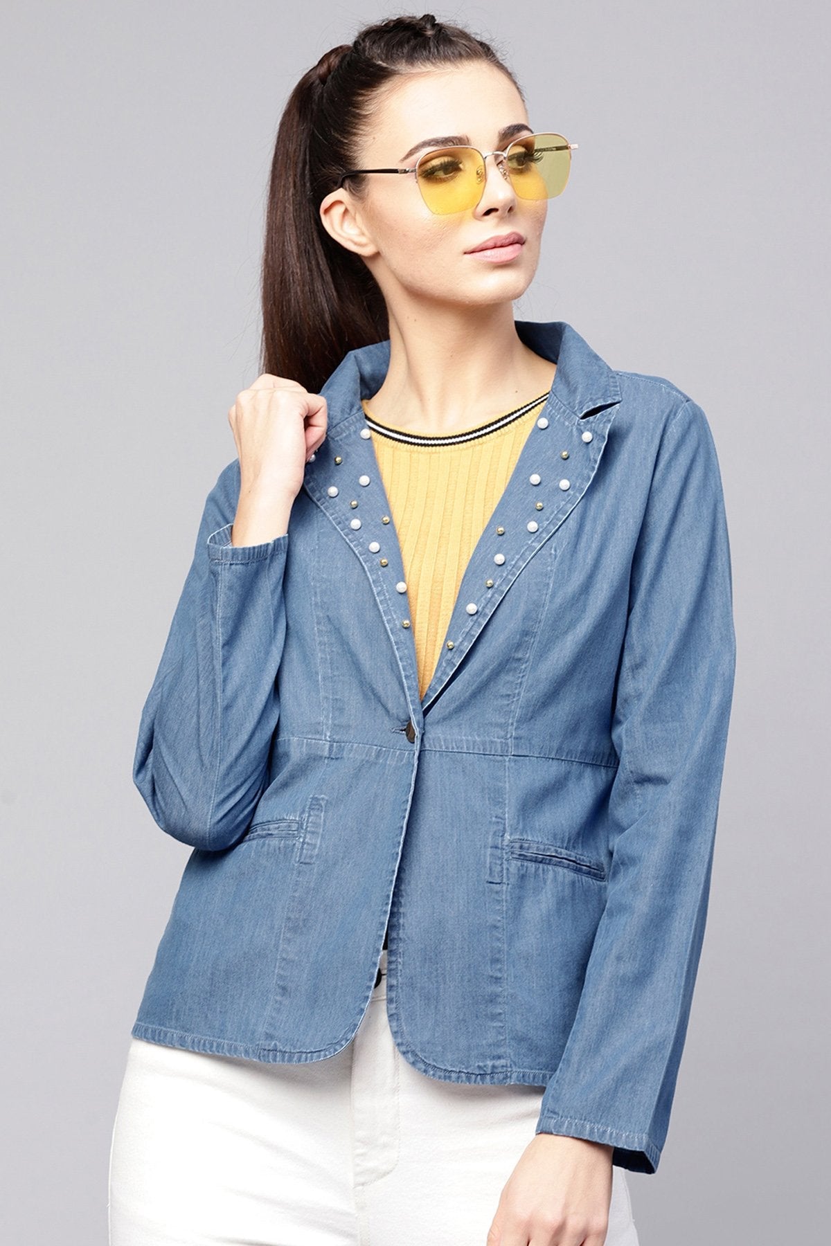 Women's Blue Denim Pearl Collar Jacket - SASSAFRAS