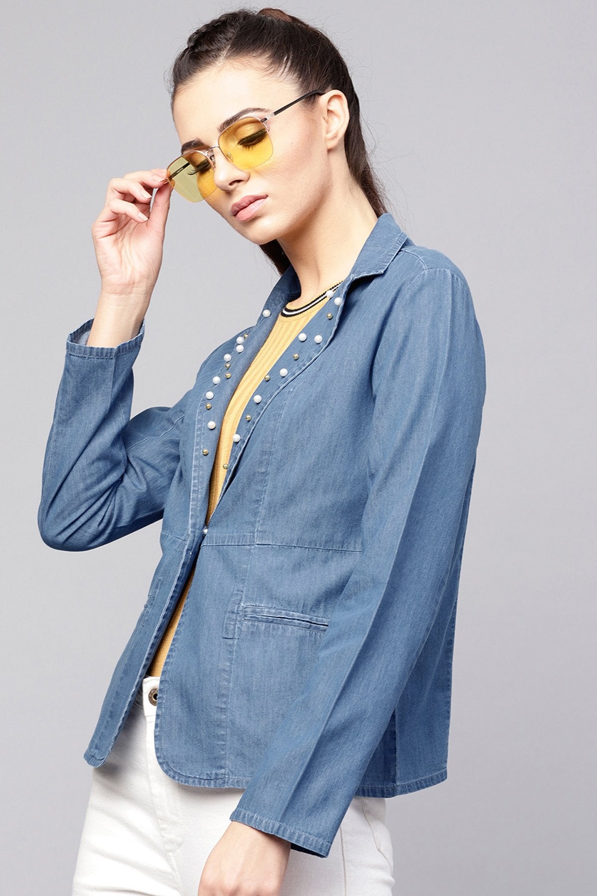 Women's Blue Denim Pearl Collar Jacket - SASSAFRAS