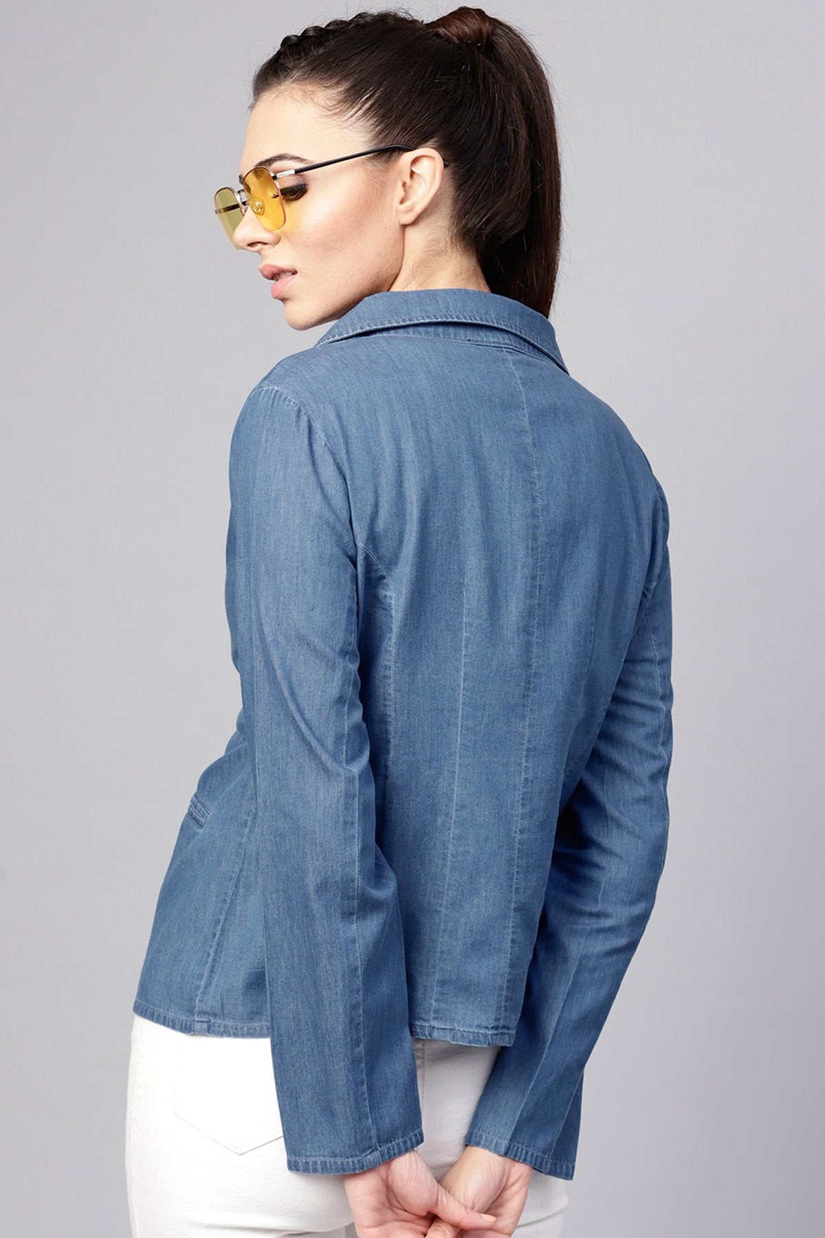 Women's Blue Denim Pearl Collar Jacket - SASSAFRAS