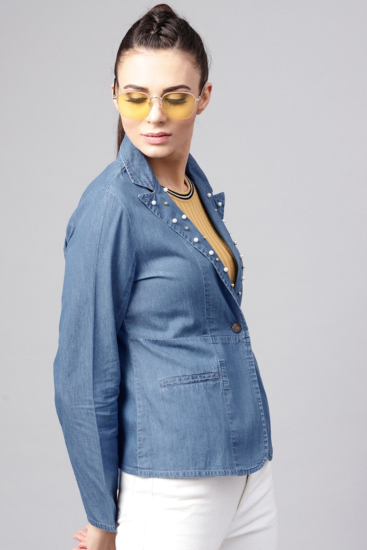 Women's Blue Denim Pearl Collar Jacket - SASSAFRAS