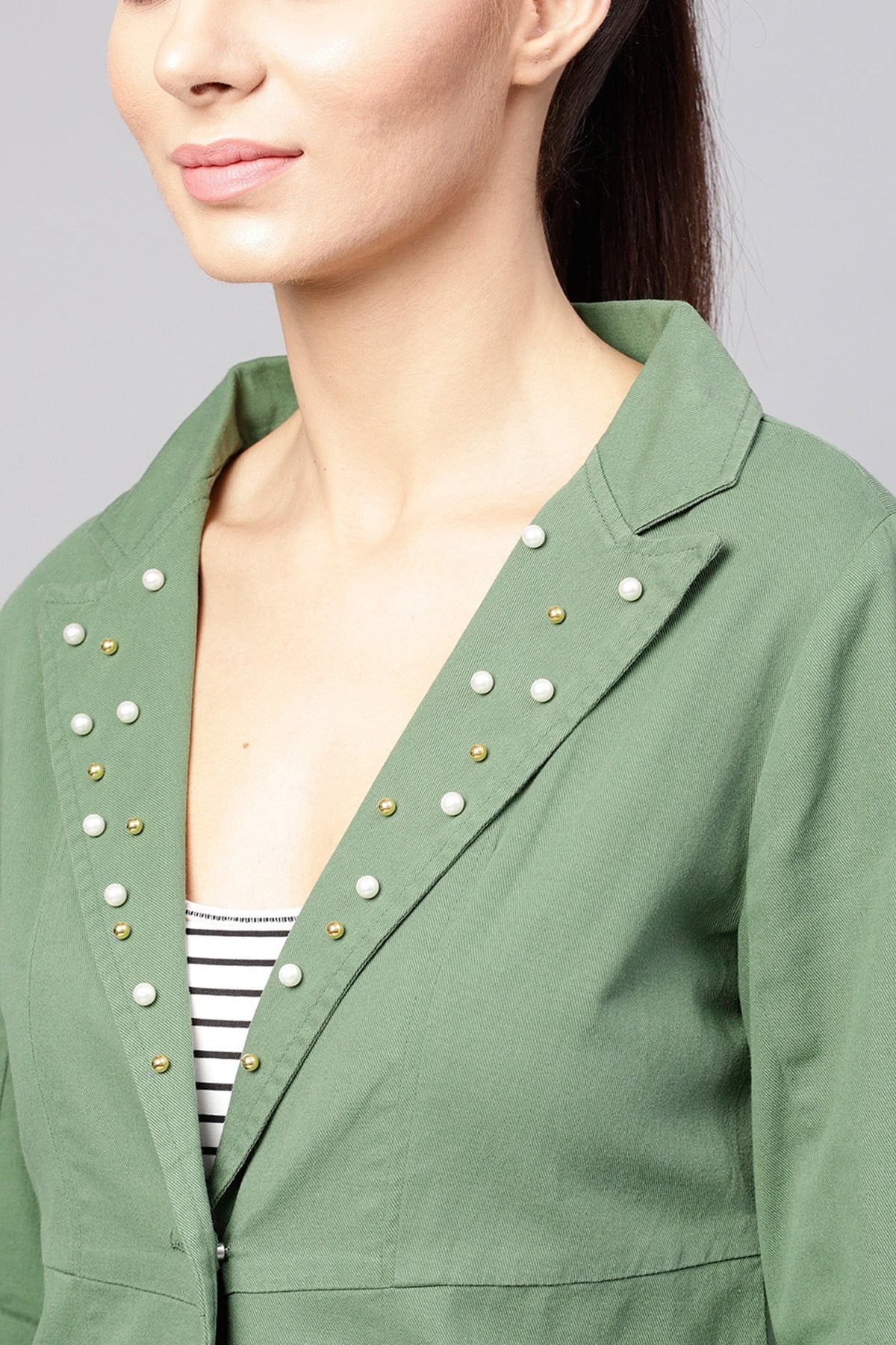 Women's Olive Denim Pearl Collar Jacket - SASSAFRAS