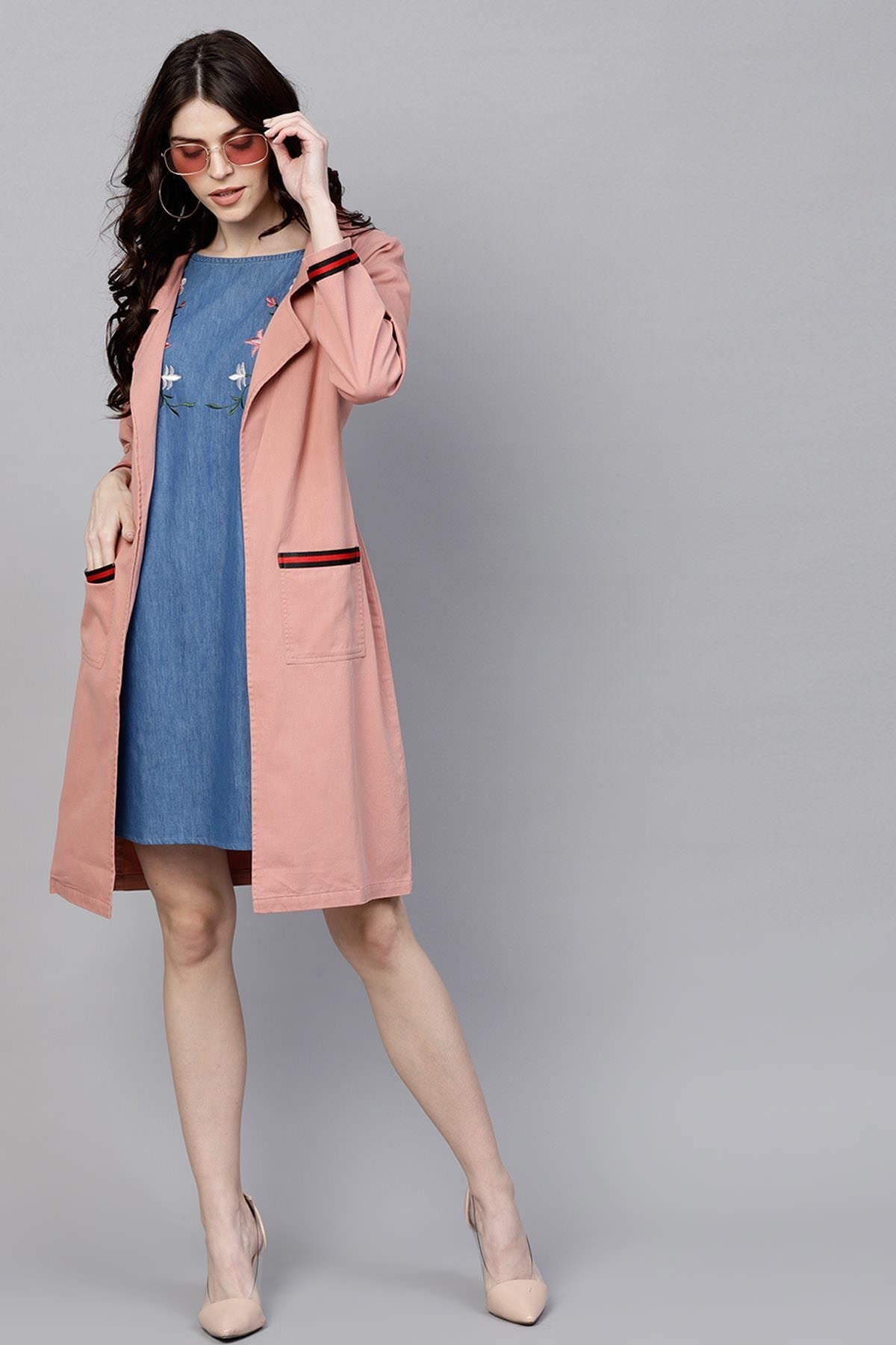 Women's Pink Denim Long Shrug With Pockets - SASSAFRAS