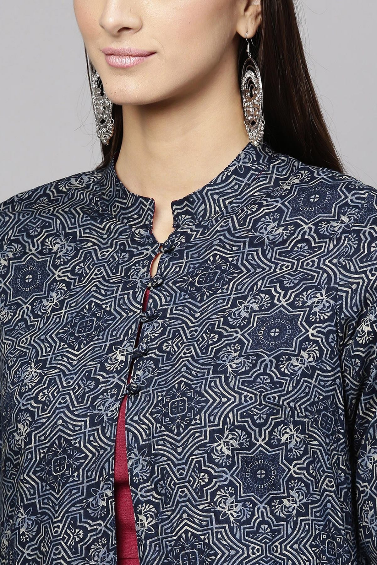 Women's Indigo Geo Print Front Button Shrug - SASSAFRAS