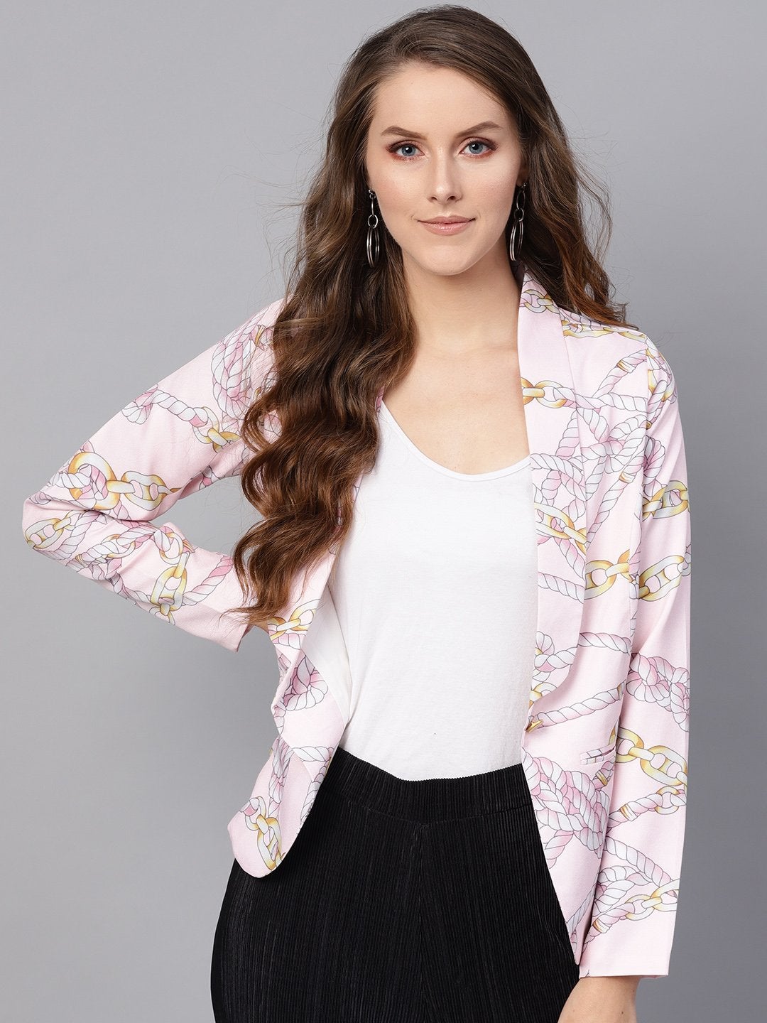 Women's Pink Chain Print Collar Blazer - SASSAFRAS