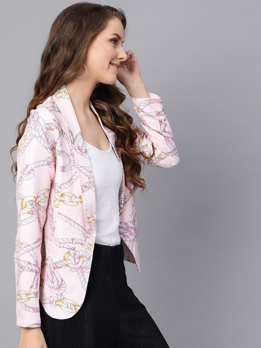 Women's Pink Chain Print Collar Blazer - SASSAFRAS