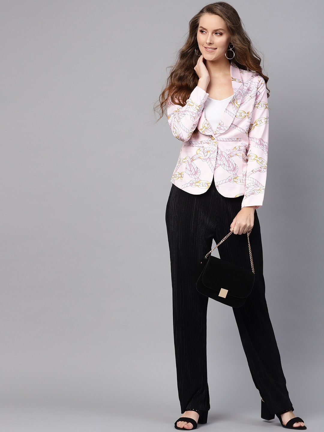 Women's Pink Chain Print Collar Blazer - SASSAFRAS