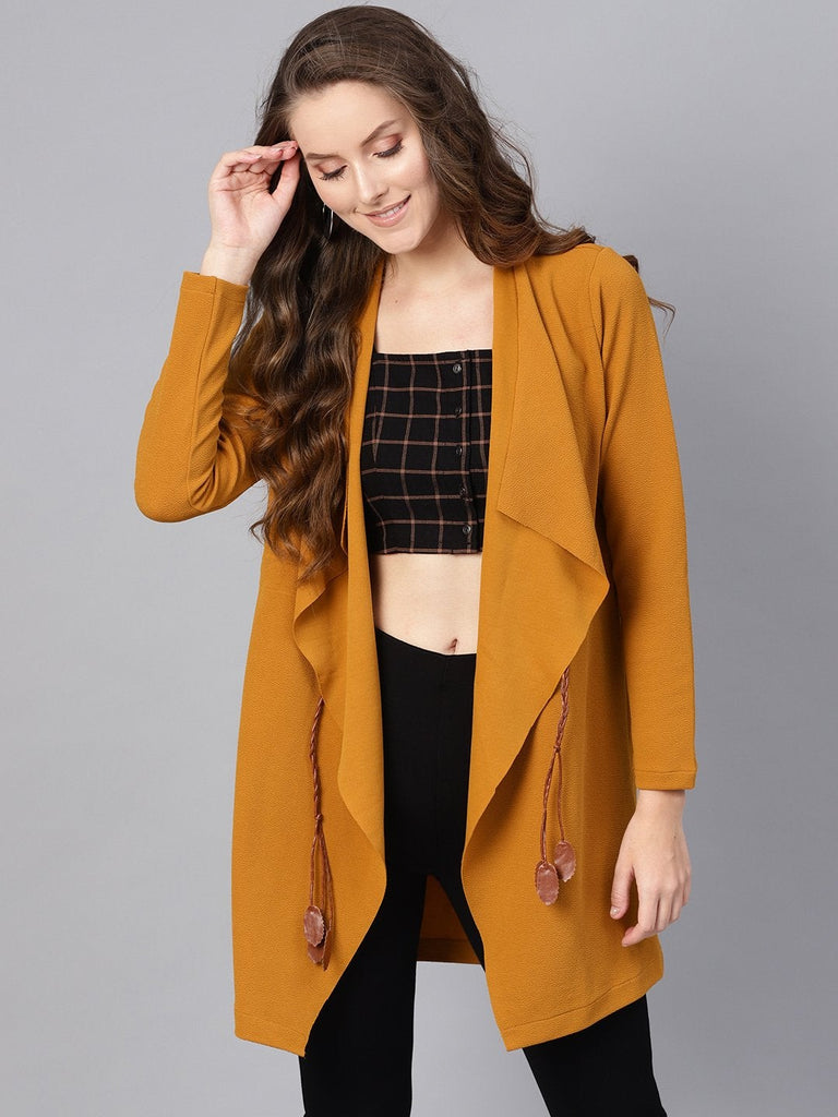 Women's Mustard Waterfall Shrug With Pu Tie Belt