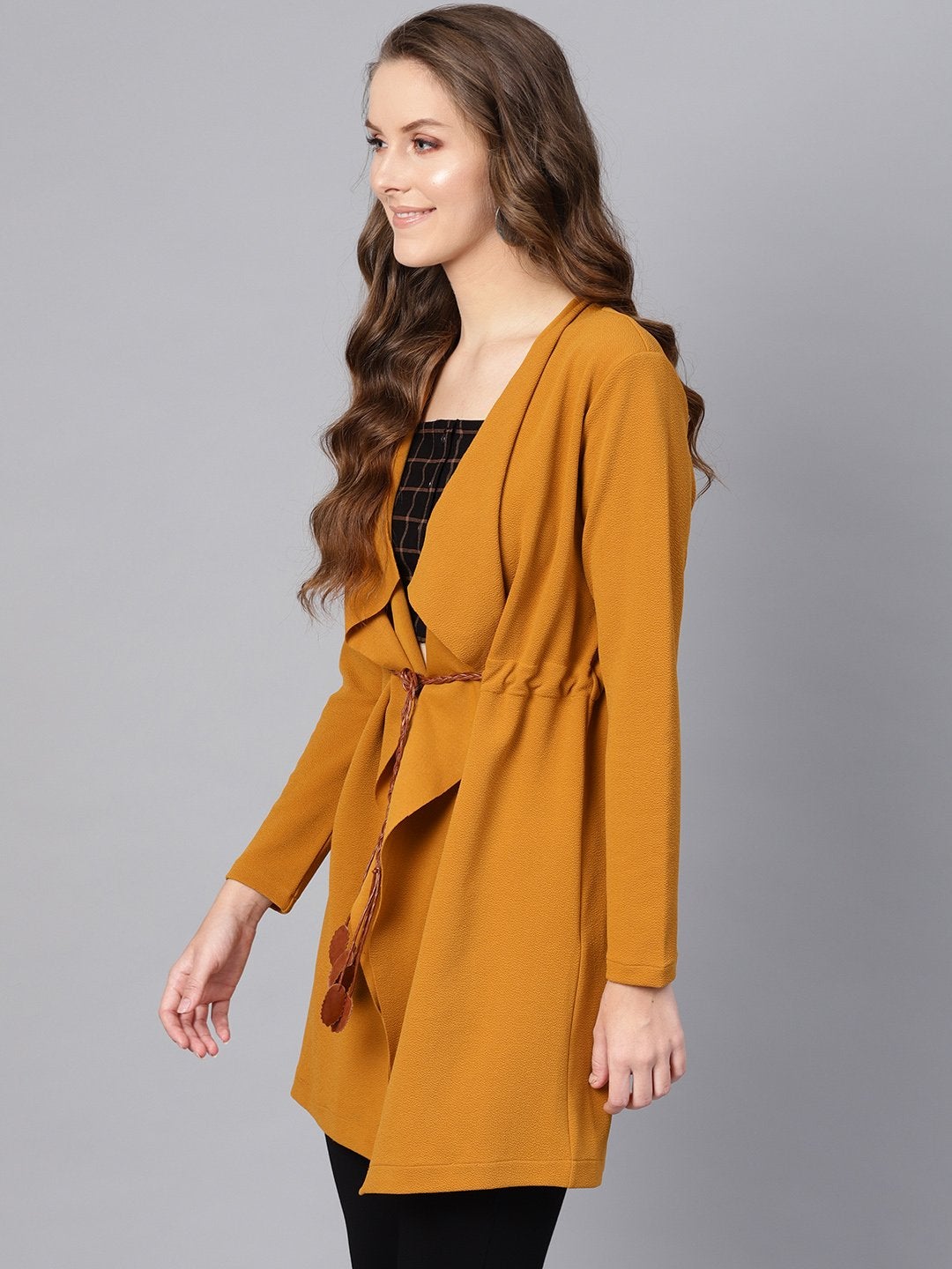 Women's Mustard Waterfall Shrug With Pu Tie Belt