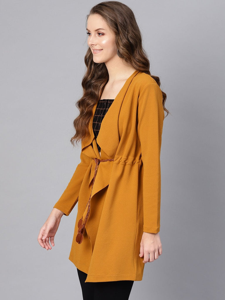 Women's Mustard Waterfall Shrug With Pu Tie Belt