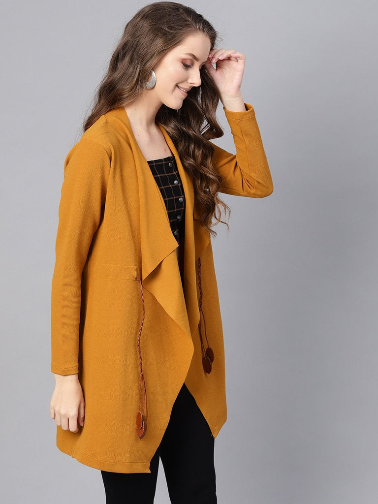 Women's Mustard Waterfall Shrug With Pu Tie Belt