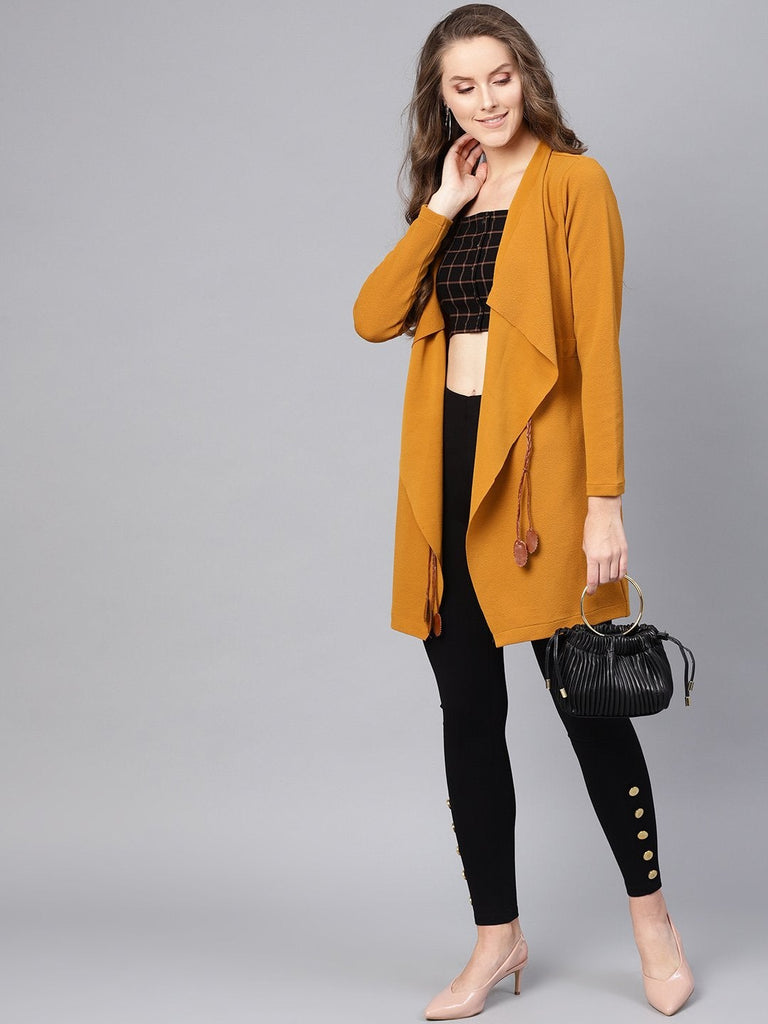 Women's Mustard Waterfall Shrug With Pu Tie Belt