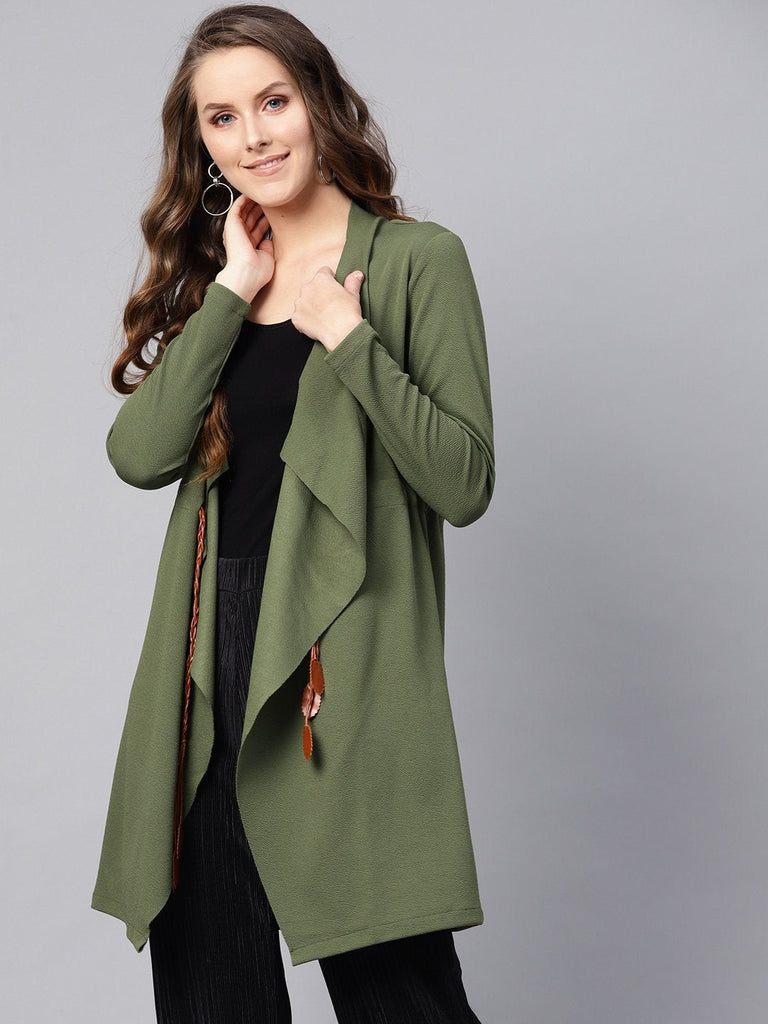 Women's Olive Waterfall Shrug With Pu Tie Belt