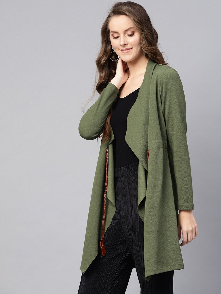 Women's Olive Waterfall Shrug With Pu Tie Belt