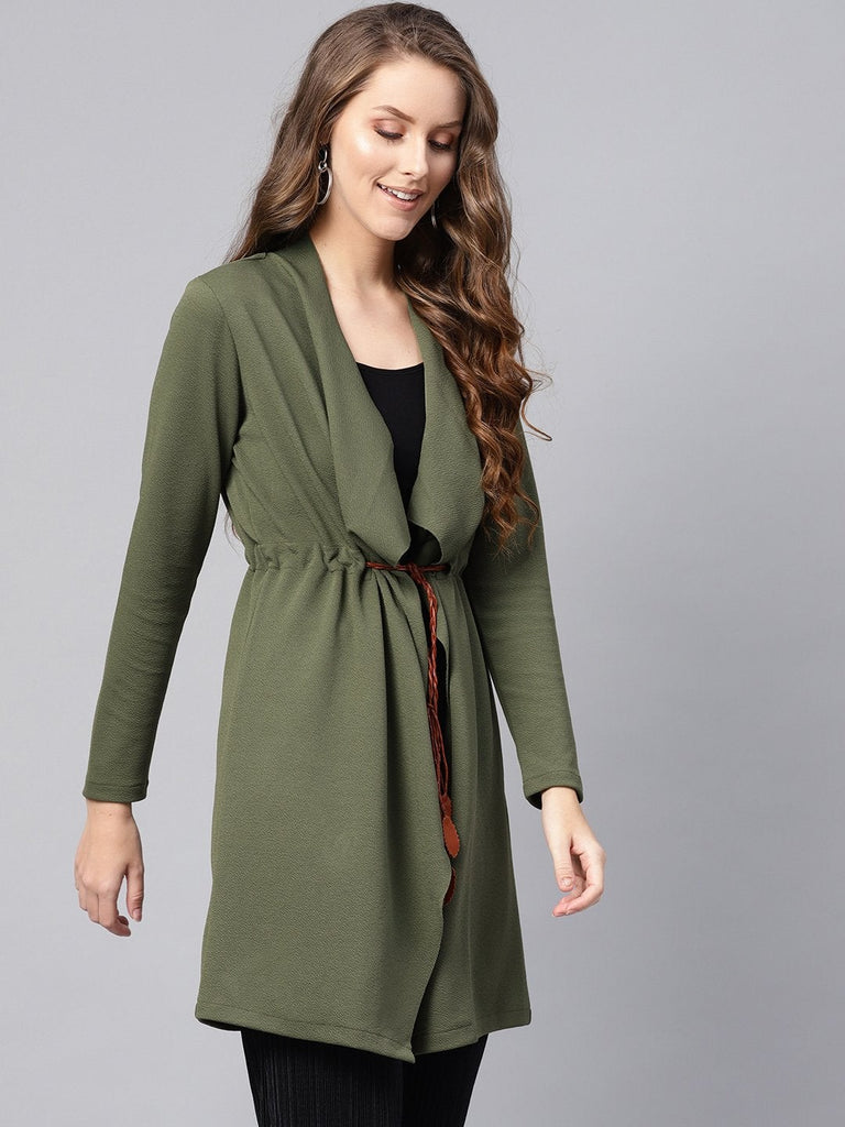 Women's Olive Waterfall Shrug With Pu Tie Belt
