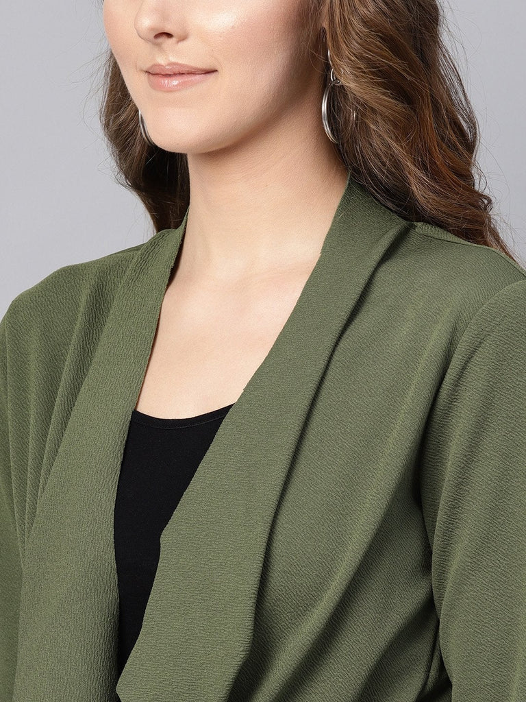 Women's Olive Waterfall Shrug With Pu Tie Belt