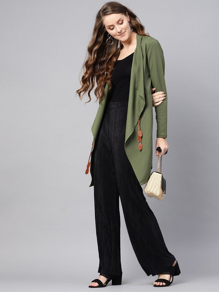 Women's Olive Waterfall Shrug With Pu Tie Belt